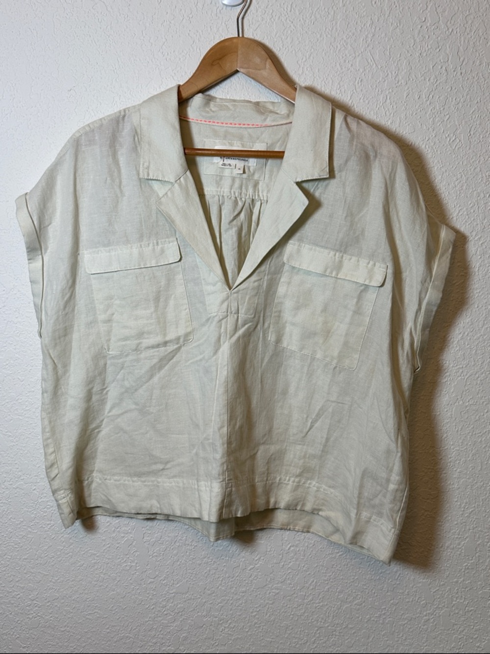 Anthropologie Linen Blend  Collared V-Neck Boxy Top with Chest Pockets